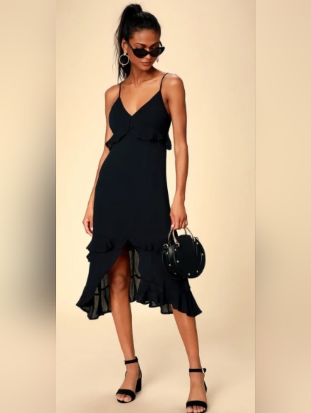 Lulu's Lulus Island Time Black Ruffled Midi Dress, Size Small